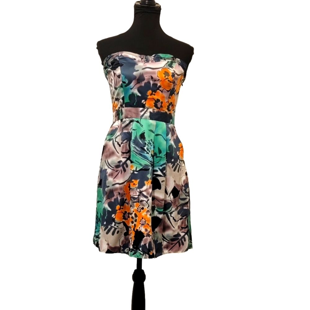 The Limited Satin Floral Strapless Cocktail Pleated Pocket Mini Dress